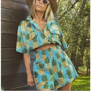 Zara Pineapple Cropped Top & Shorts Set Womens Small/Medium Tropical Beachy